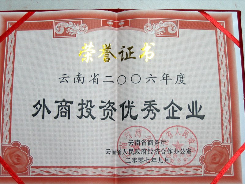 2006年度“外商投資優秀企業”證書